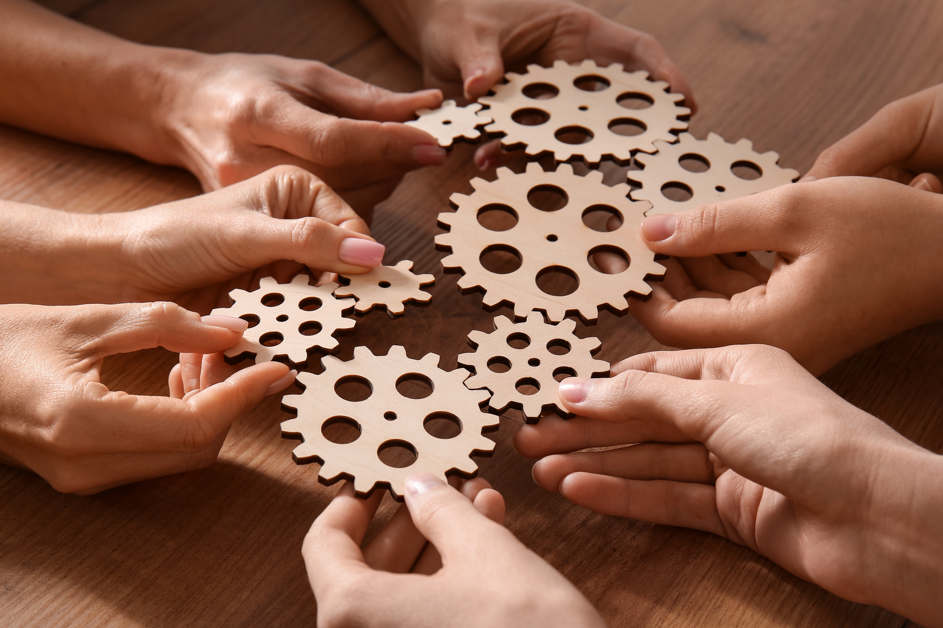 Several pairs of hands fitting wooden gears together on a wooden table